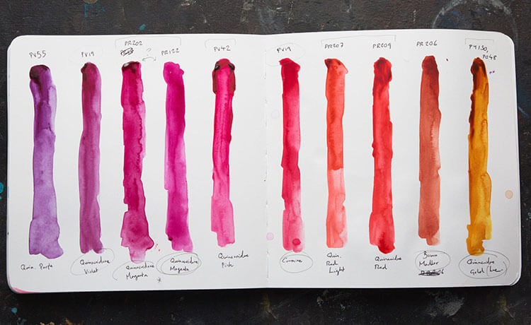 喹吖啶酮顏料的光譜,從紫色到金色。