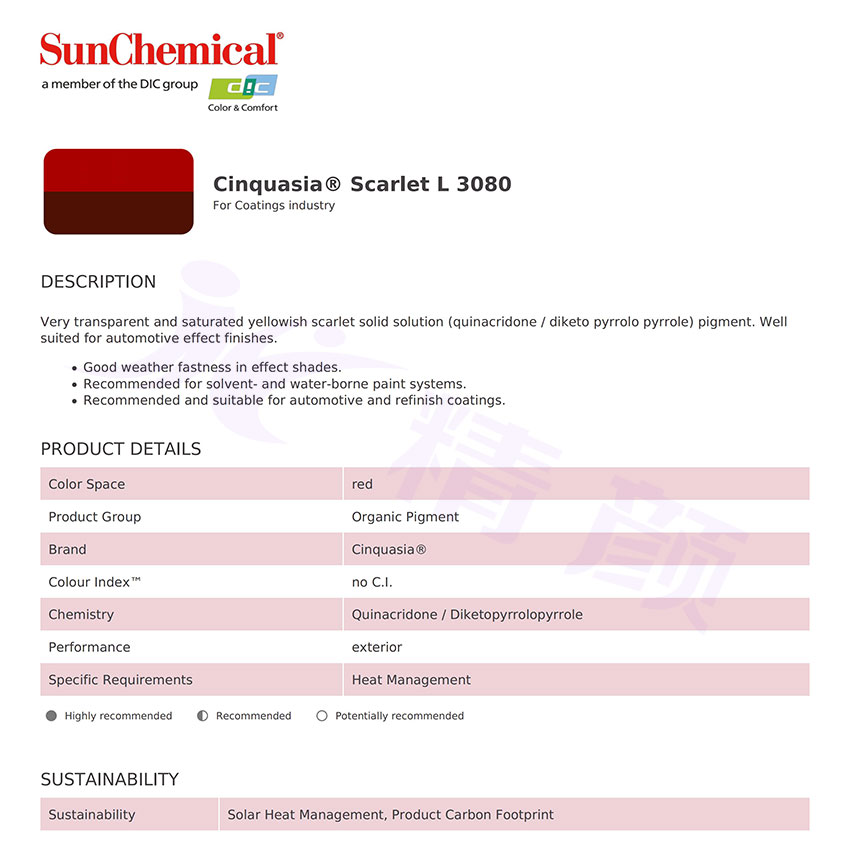 DIC Cinquasia Scarlet L3080汽車漆專用顏料TDS技術數據表