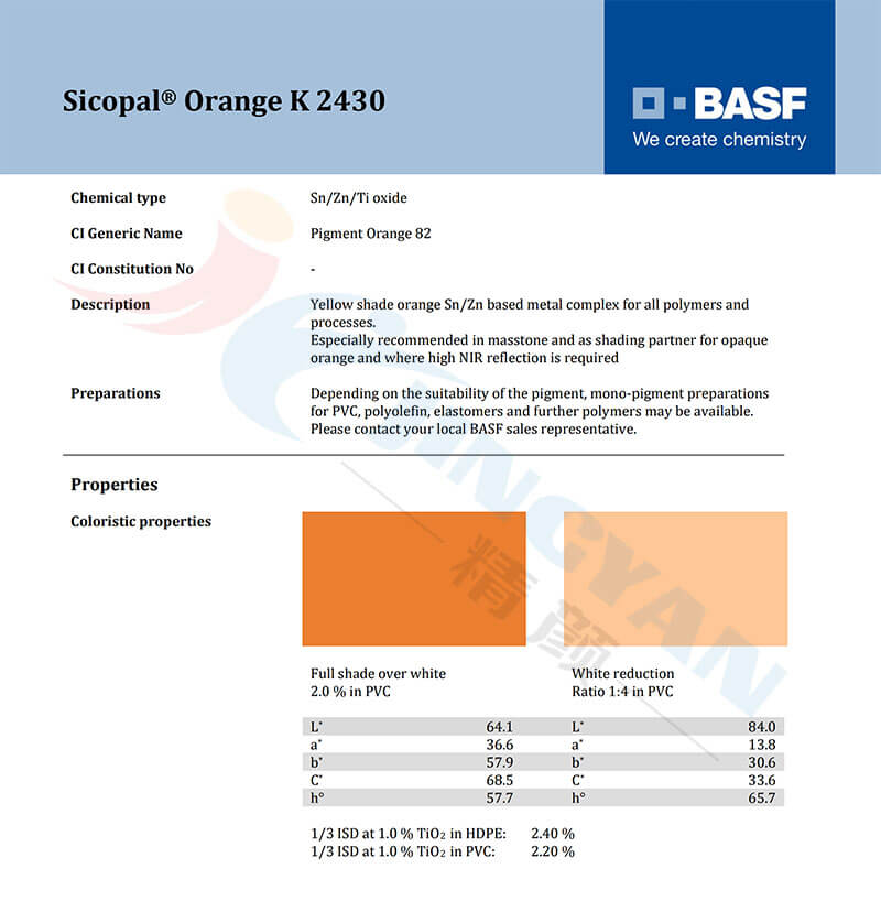 巴斯夫K2430錫鋅鈦金屬絡合無機顏料TDS報告