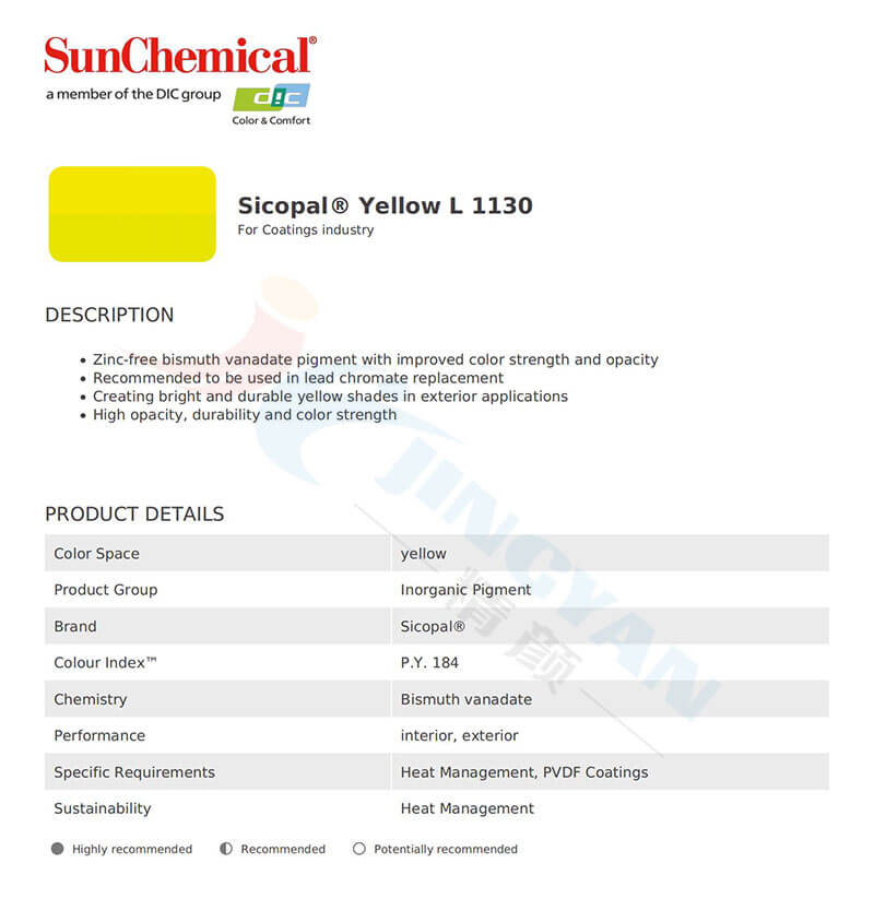 巴斯夫 L1130釩酸鉍黃色顏料TDS技術報告